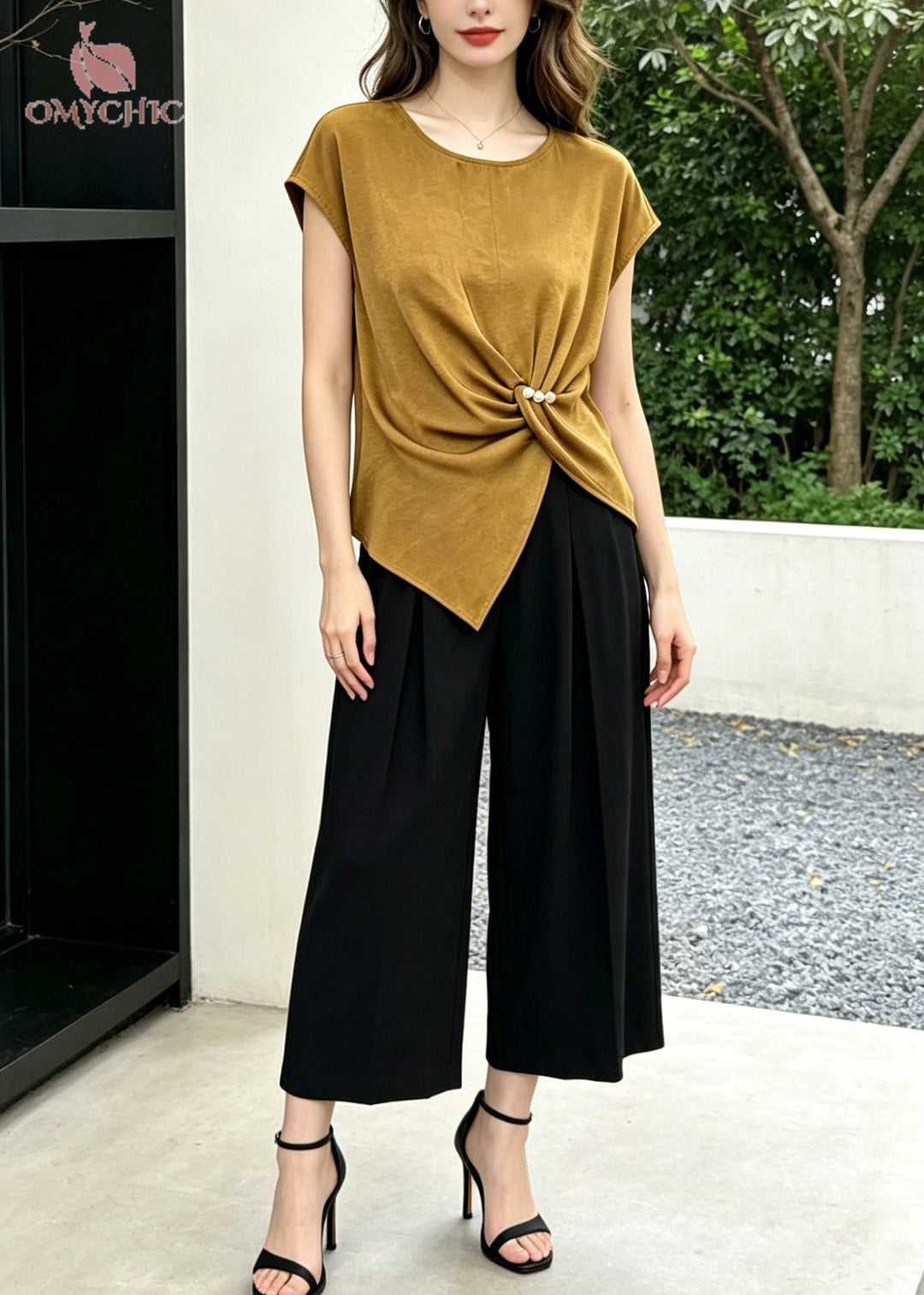 Casual Khaki Asymmetrical Cotton Silk Two Piece Set Women Clothing Summer
