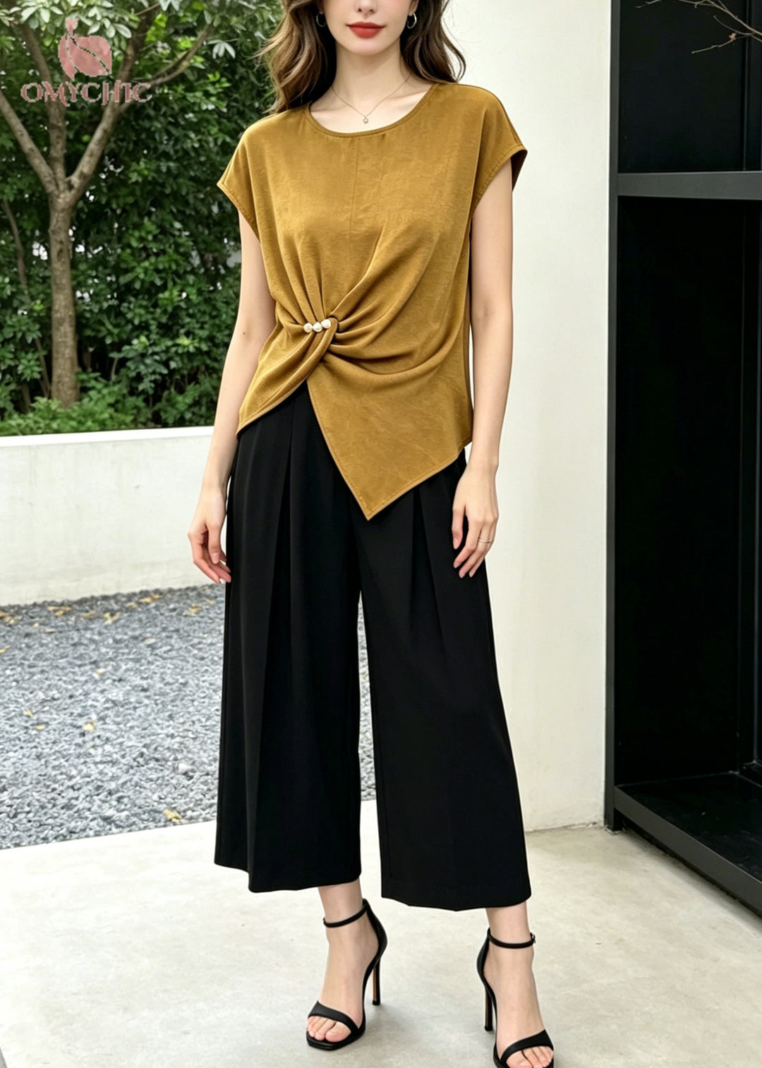 Casual Khaki Asymmetrical Cotton Silk Two Piece Set Women Clothing Summer