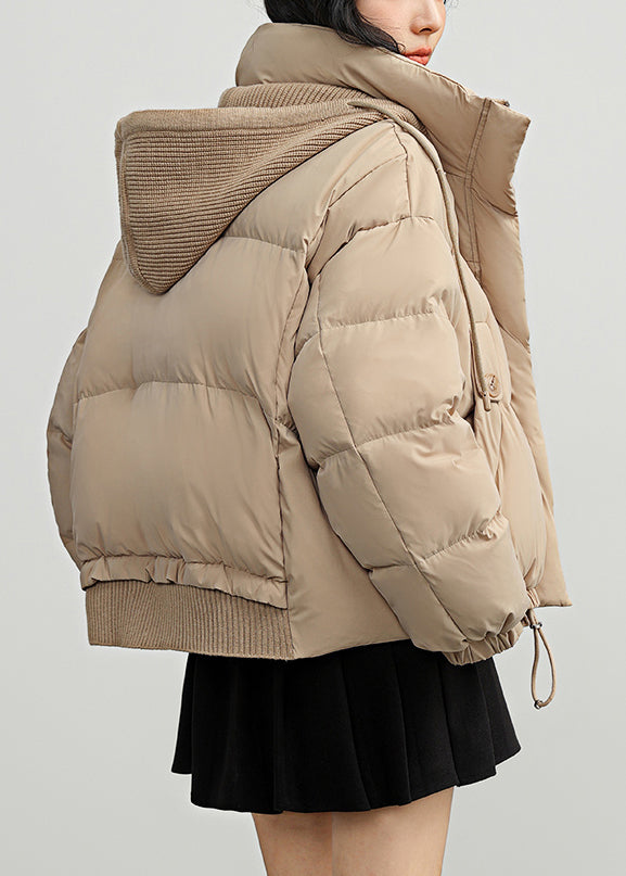 Casual Khaki Button Pockets Drawstring Duck Down Puffer Coat