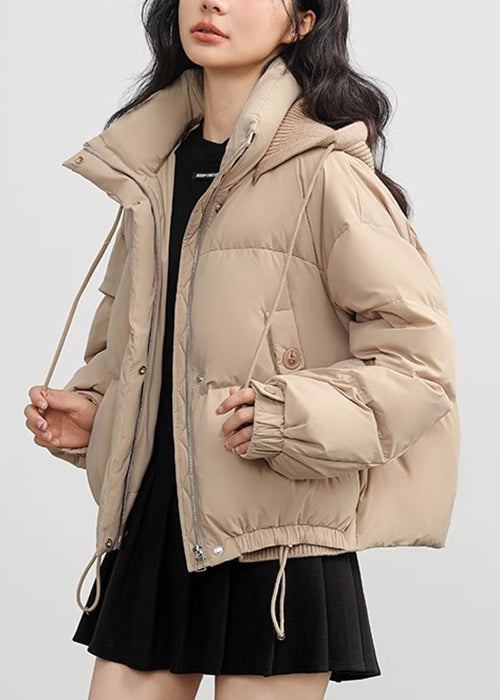 Casual Khaki Button Pockets Drawstring Duck Down Puffer Coat