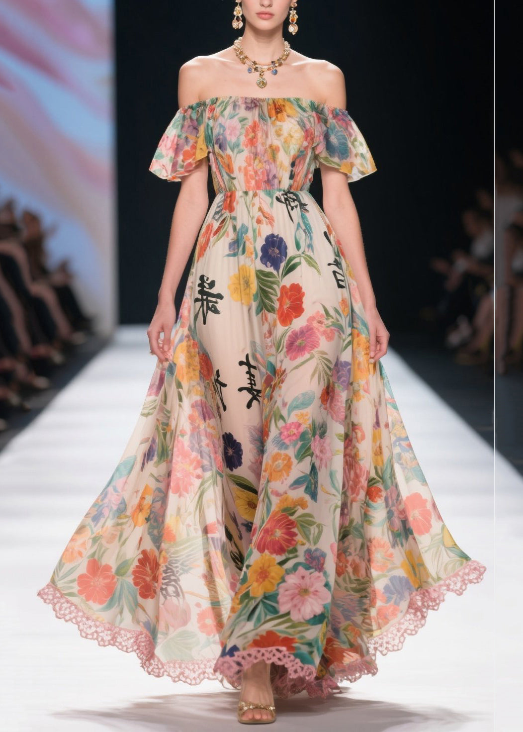 Casual Khaki Cold Shoulder Print Chiffon Beach Dresses Summer