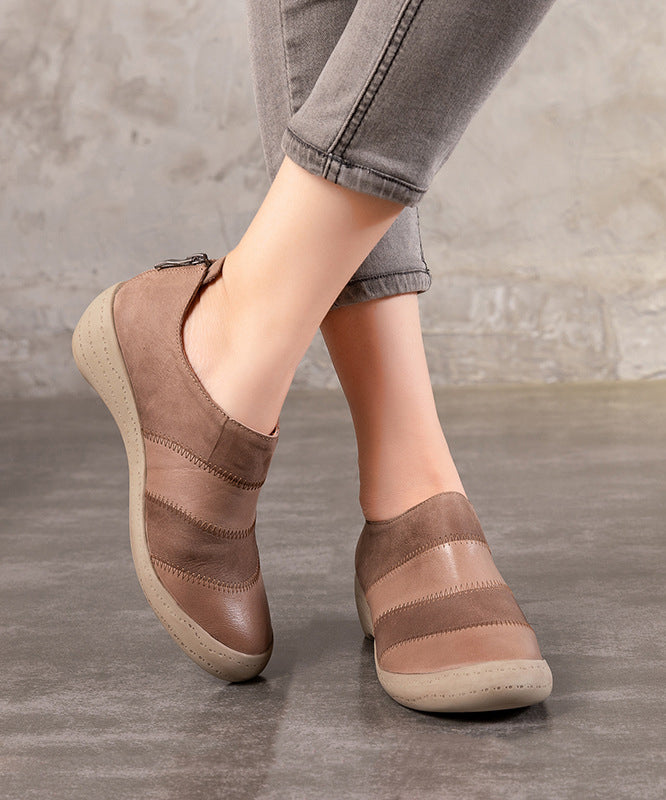 Casual Khaki Cowhide Splicing Leather High Wedge Heels Shoes