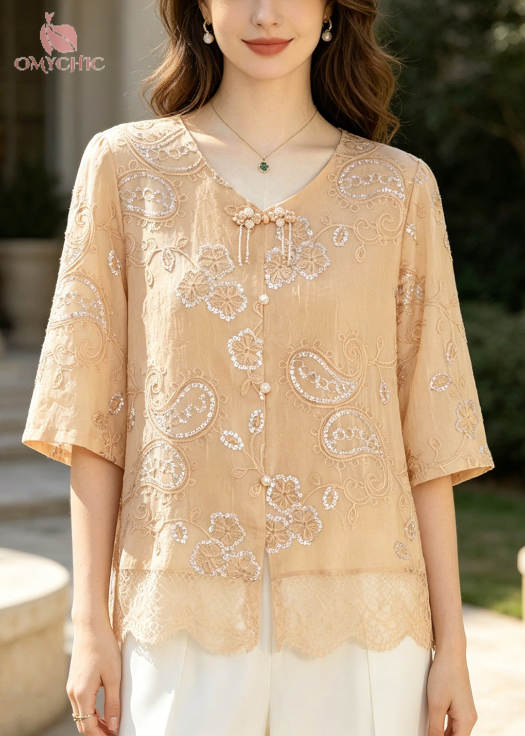 Casual Khaki Embroidered Patchwork Lace Tops Summer