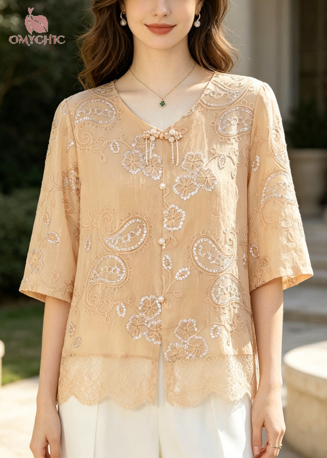 Casual Khaki Embroidered Patchwork Lace Tops Summer