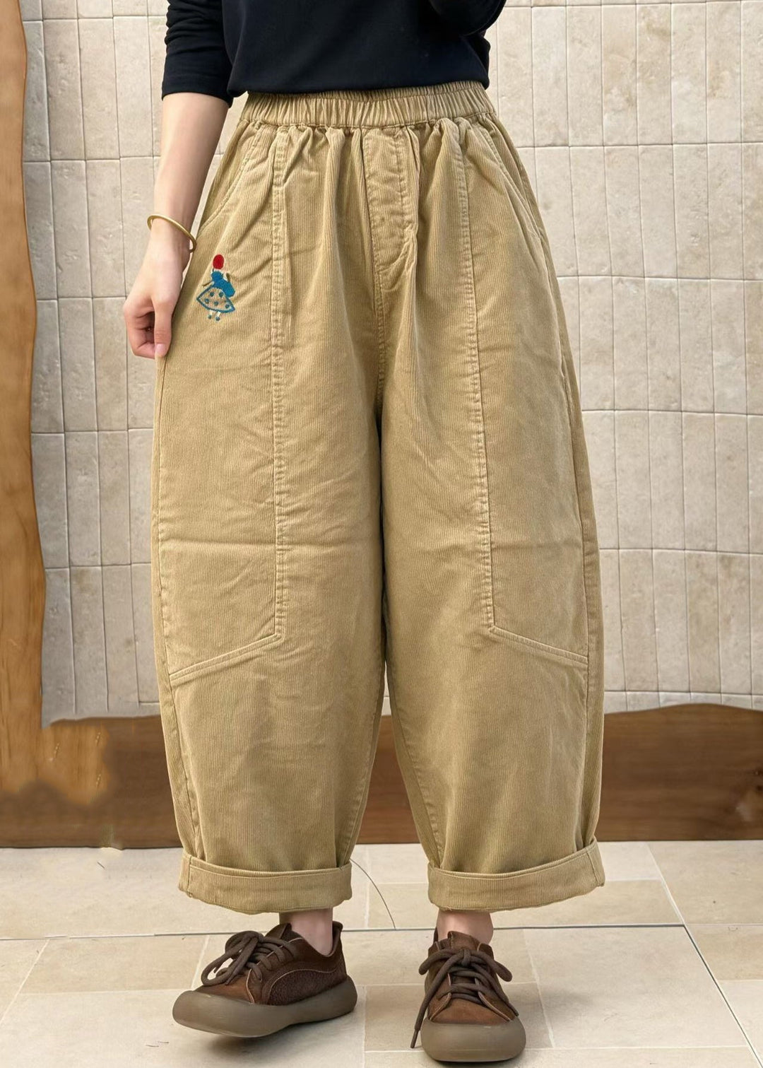 Casual Khaki Embroidered Pockets Patchwork Corduroy Pants Fall