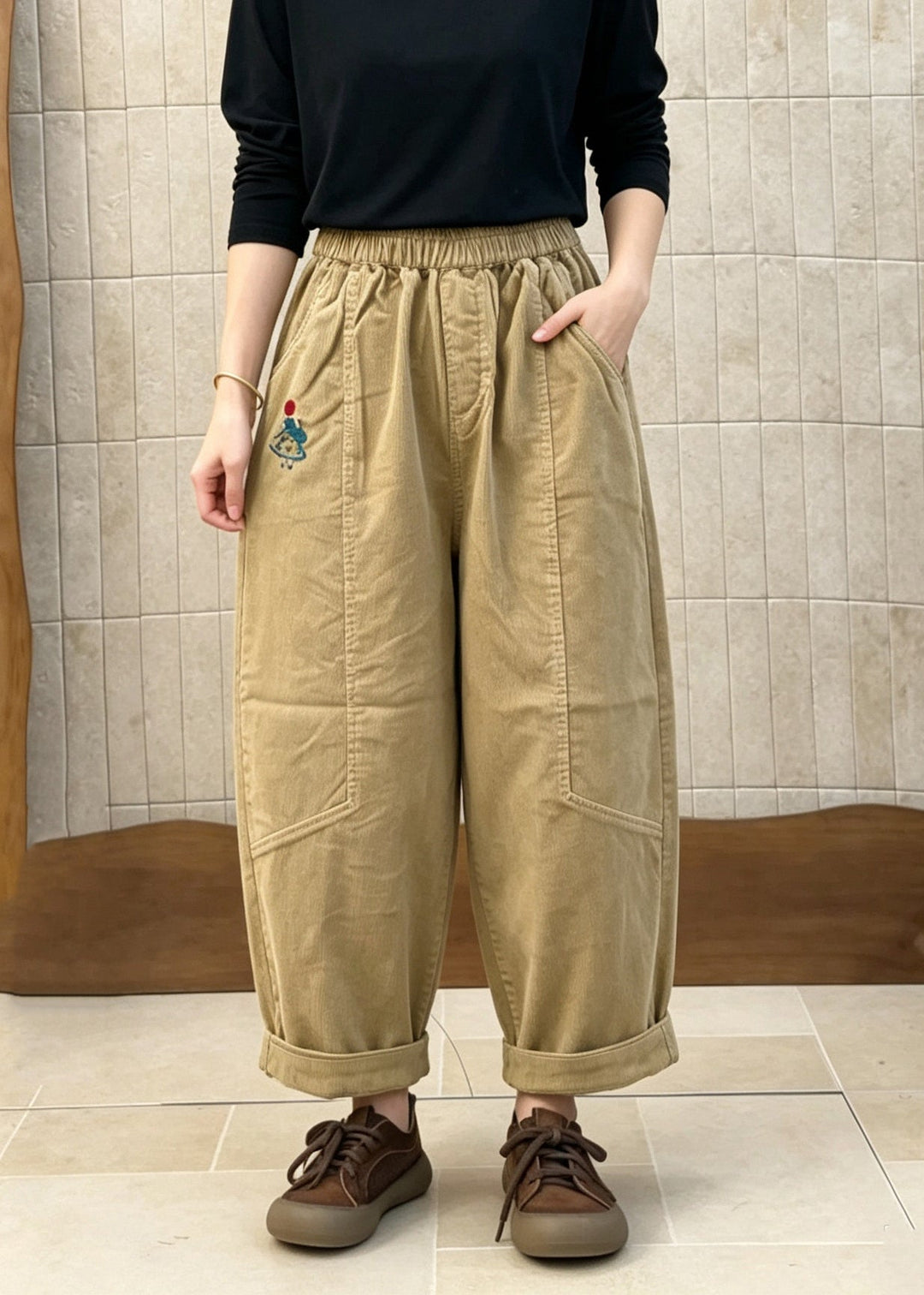 Casual Khaki Embroidered Pockets Patchwork Corduroy Pants Fall