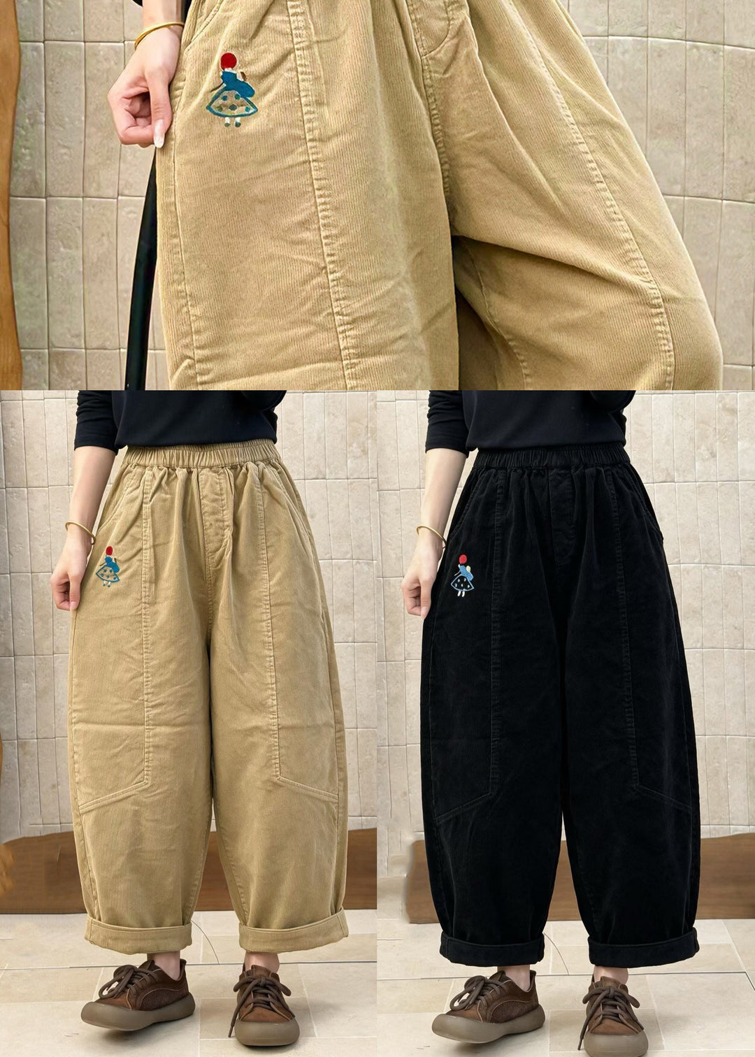 Casual Khaki Embroidered Pockets Patchwork Corduroy Pants Fall