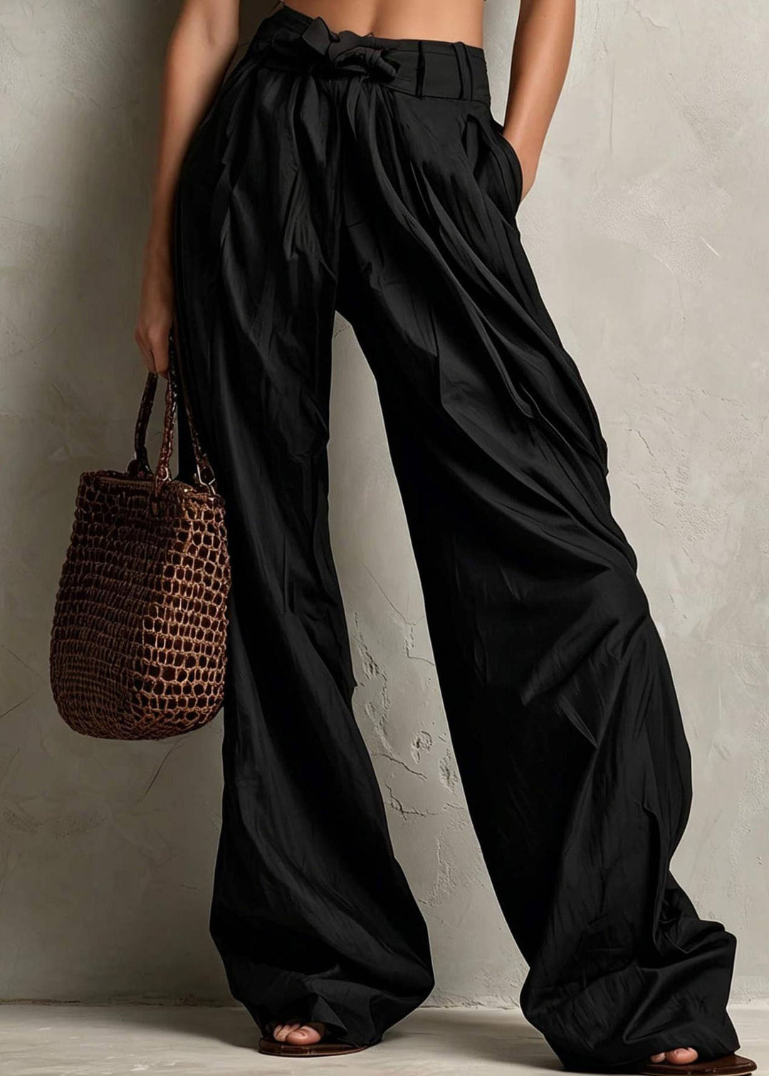Casual Khaki High Waist Tie Waist Pockets Wide Leg Pants Fall