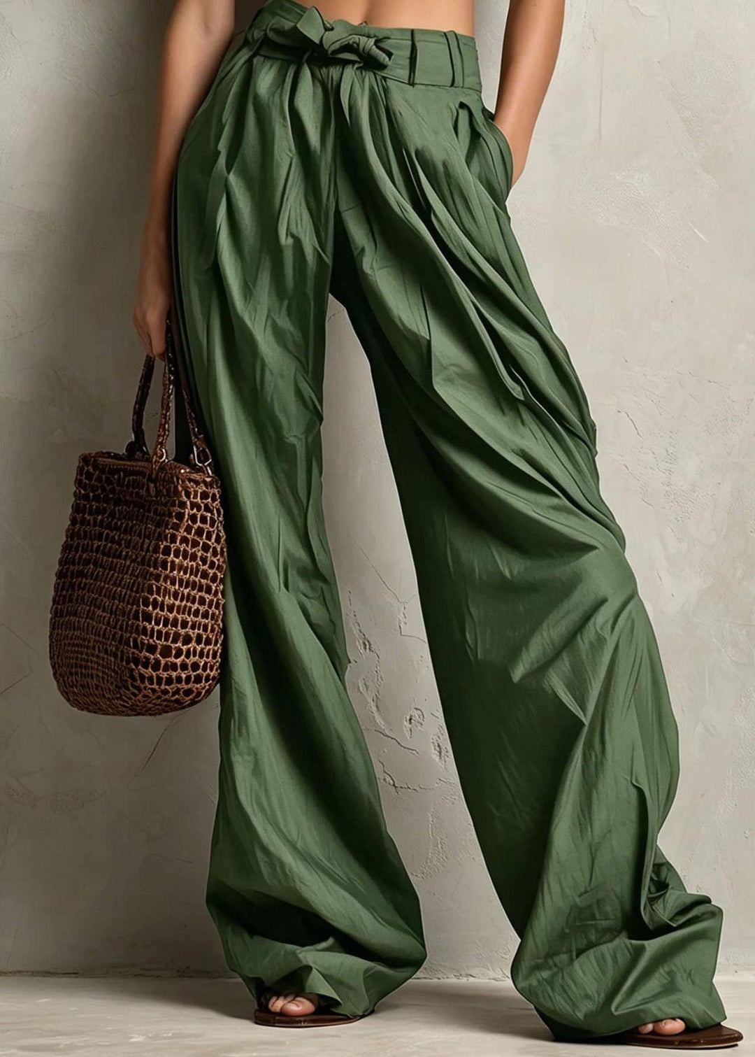 Casual Khaki High Waist Tie Waist Pockets Wide Leg Pants Fall