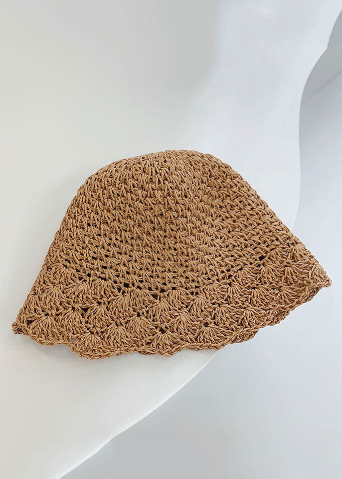 Casual Khaki Hollow Out Fan Shaped Straw Woven Bucket Hat