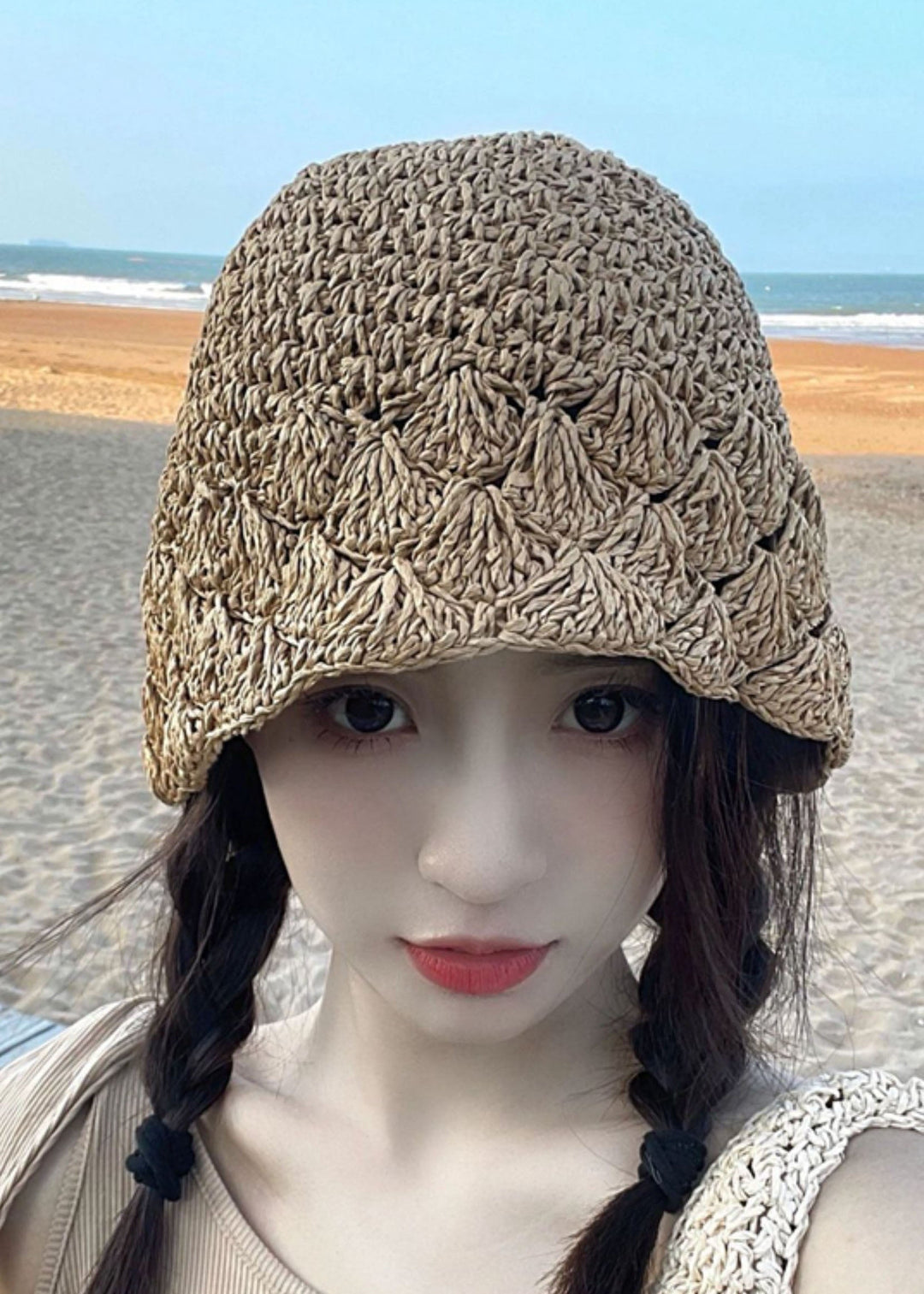 Casual Khaki Hollow Out Fan Shaped Straw Woven Bucket Hat