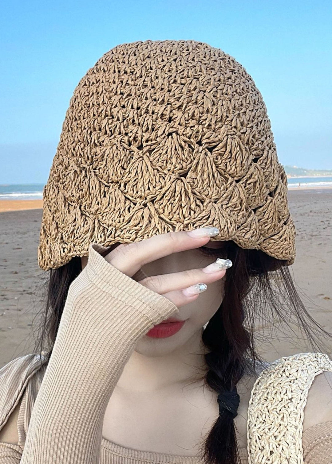 Casual Khaki Hollow Out Fan Shaped Straw Woven Bucket Hat