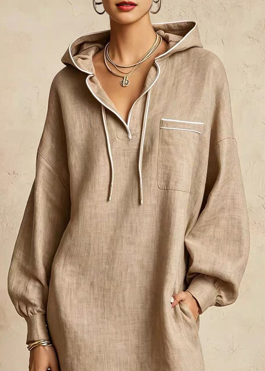 Casual Khaki Hooded Drawstring Vacation Dress Fall