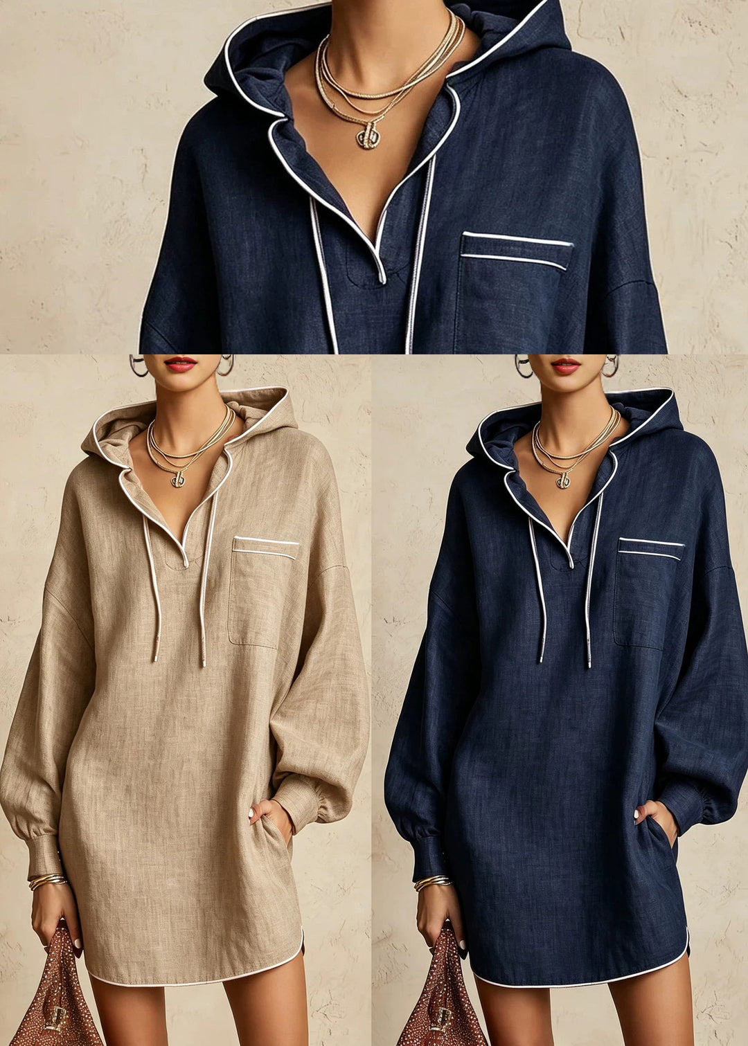 Casual Khaki Hooded Drawstring Vacation Dress Fall