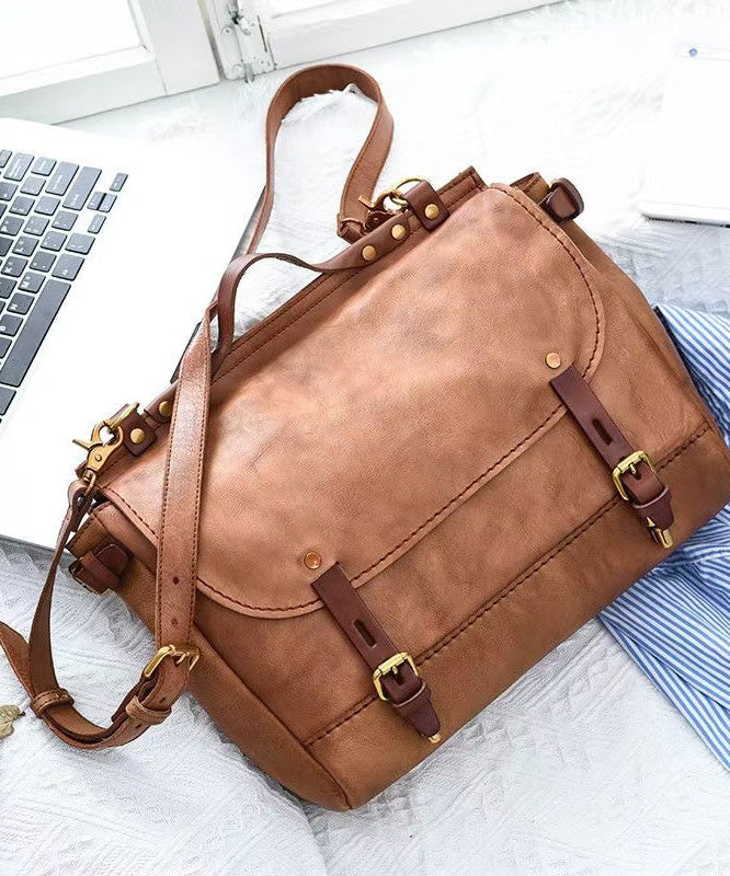 Casual Khaki Large Capacity Leather CrossBody Messenger Bag