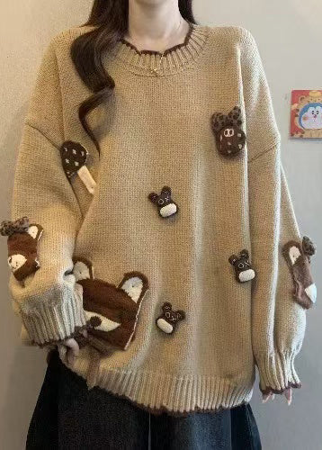 Casual Khaki O Neck Cartoon Knit Sweaters Winter