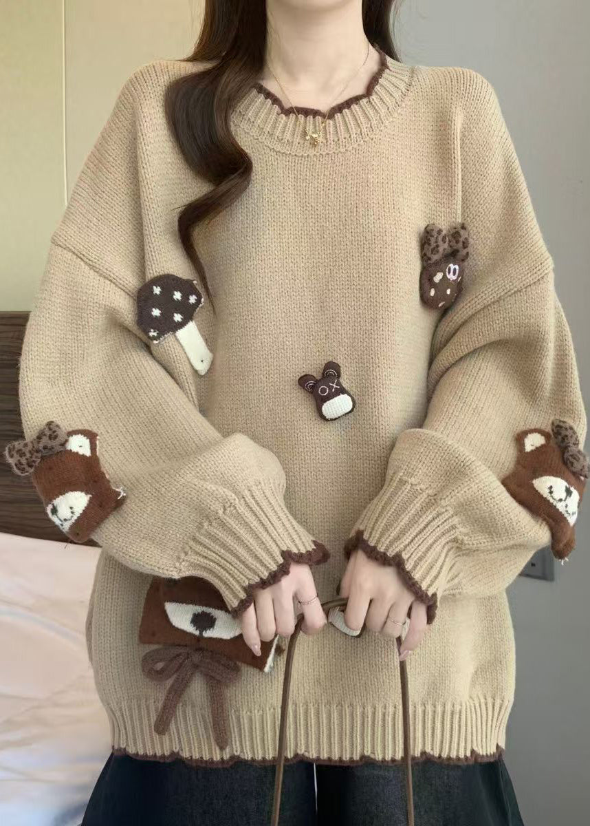 Casual Khaki O Neck Cartoon Knit Sweaters Winter
