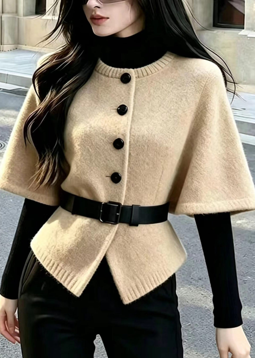 Casual Khaki O-Neck Single Breasted Knit Top Short Sleeve