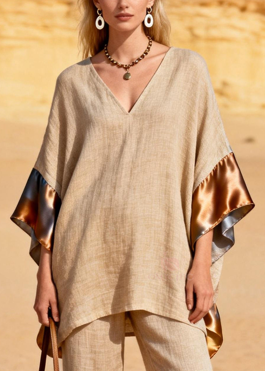 Casual Khaki Oversized Patchwork Silk Linen Two Pieces Set Summer