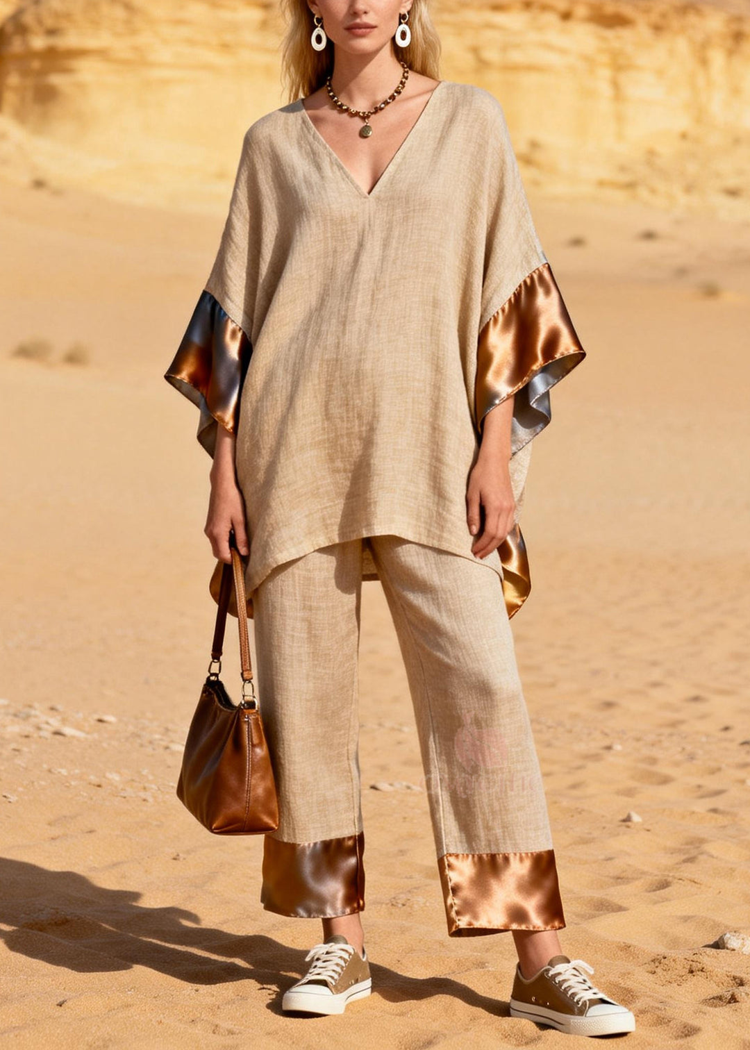 Casual Khaki Oversized Patchwork Silk Linen Two Pieces Set Summer