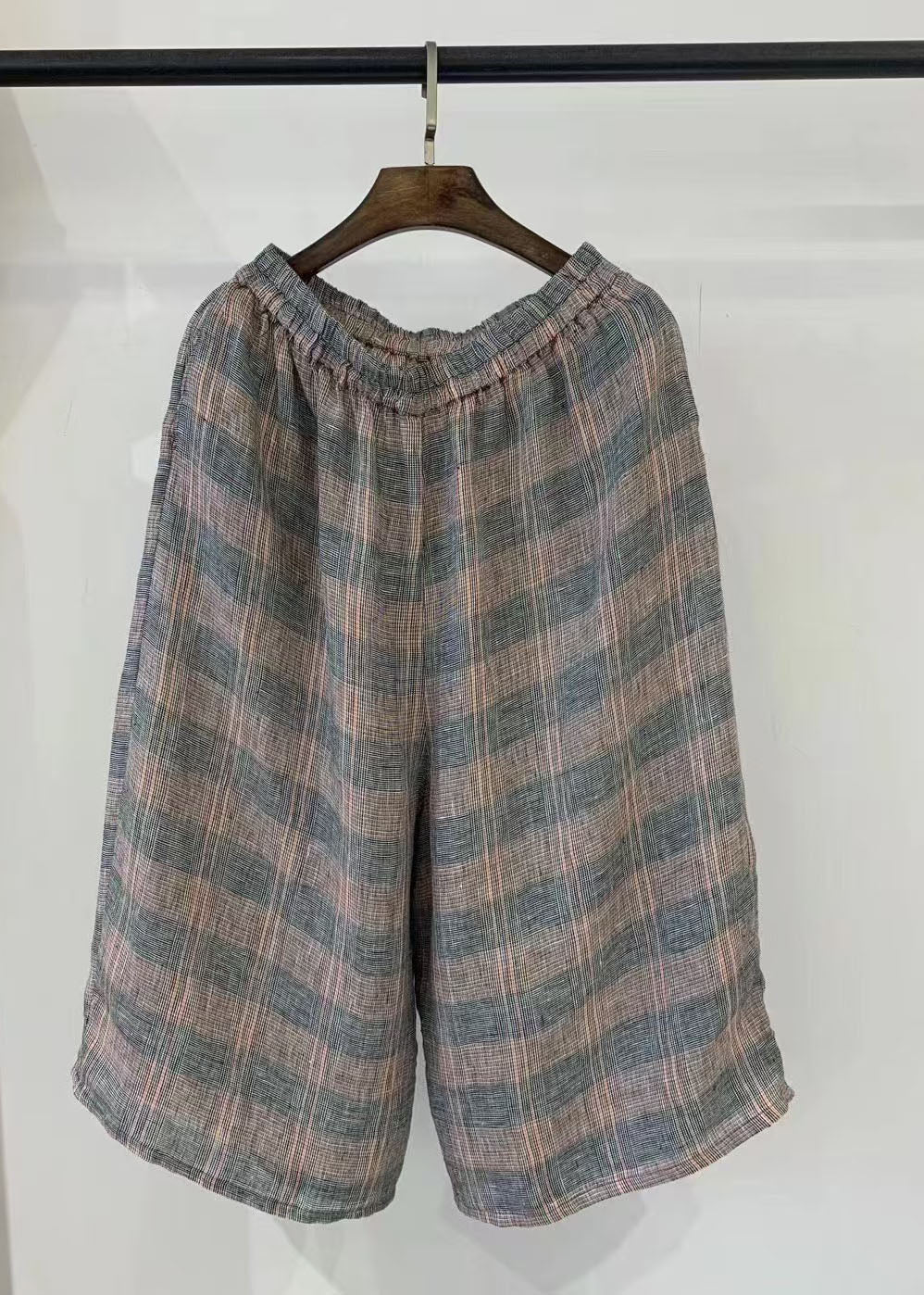 Casual Khaki Oversized Plaid Linen Harem Pants Summer