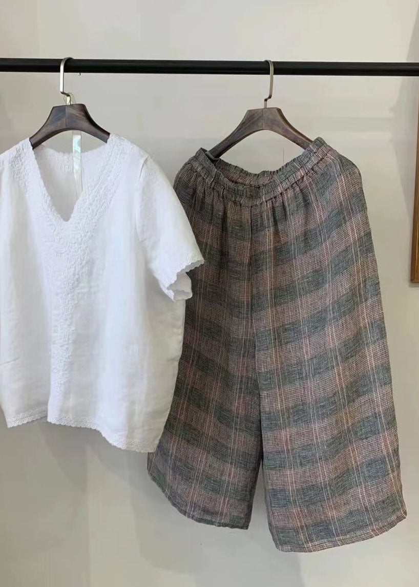 Casual Khaki Oversized Plaid Linen Harem Pants Summer