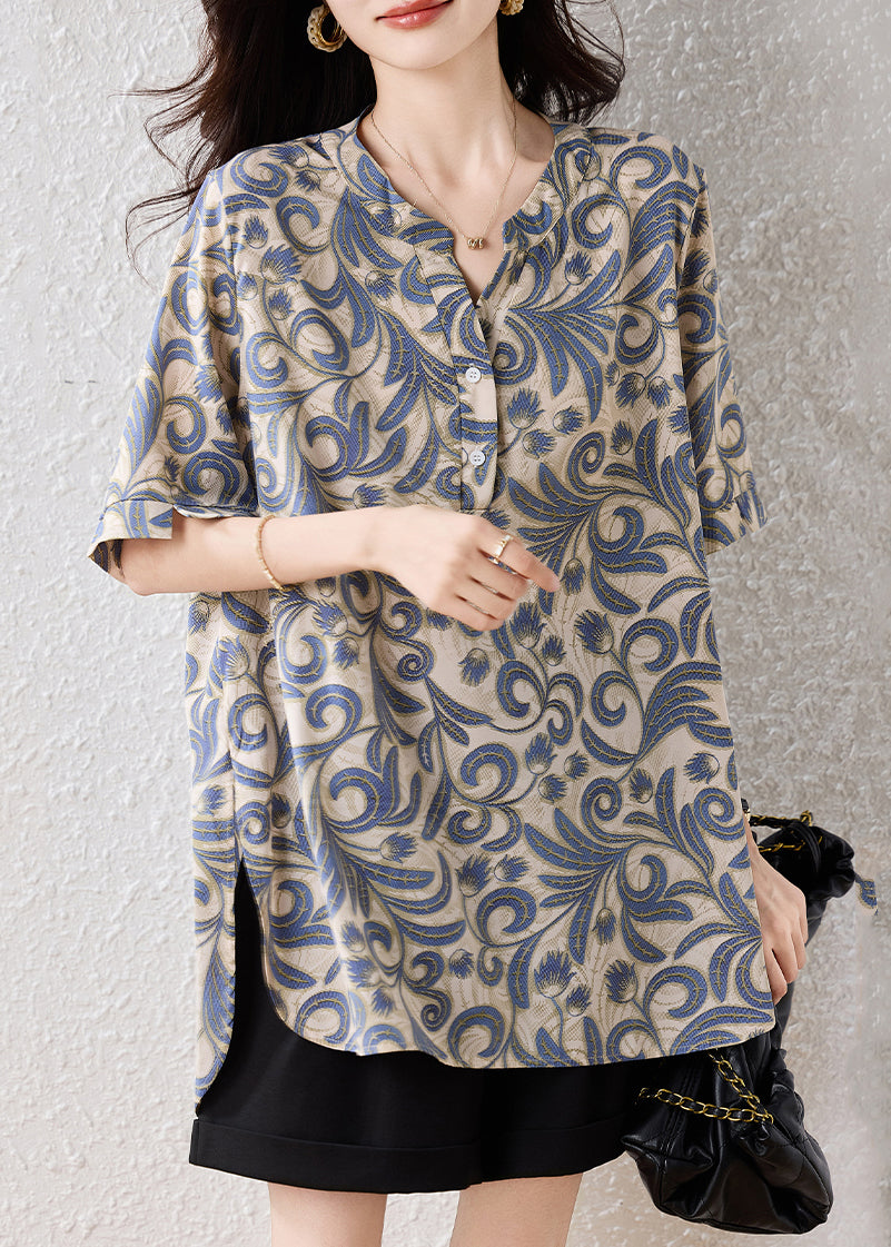 Casual Khaki Oversized Print Cotton Blouses Summer