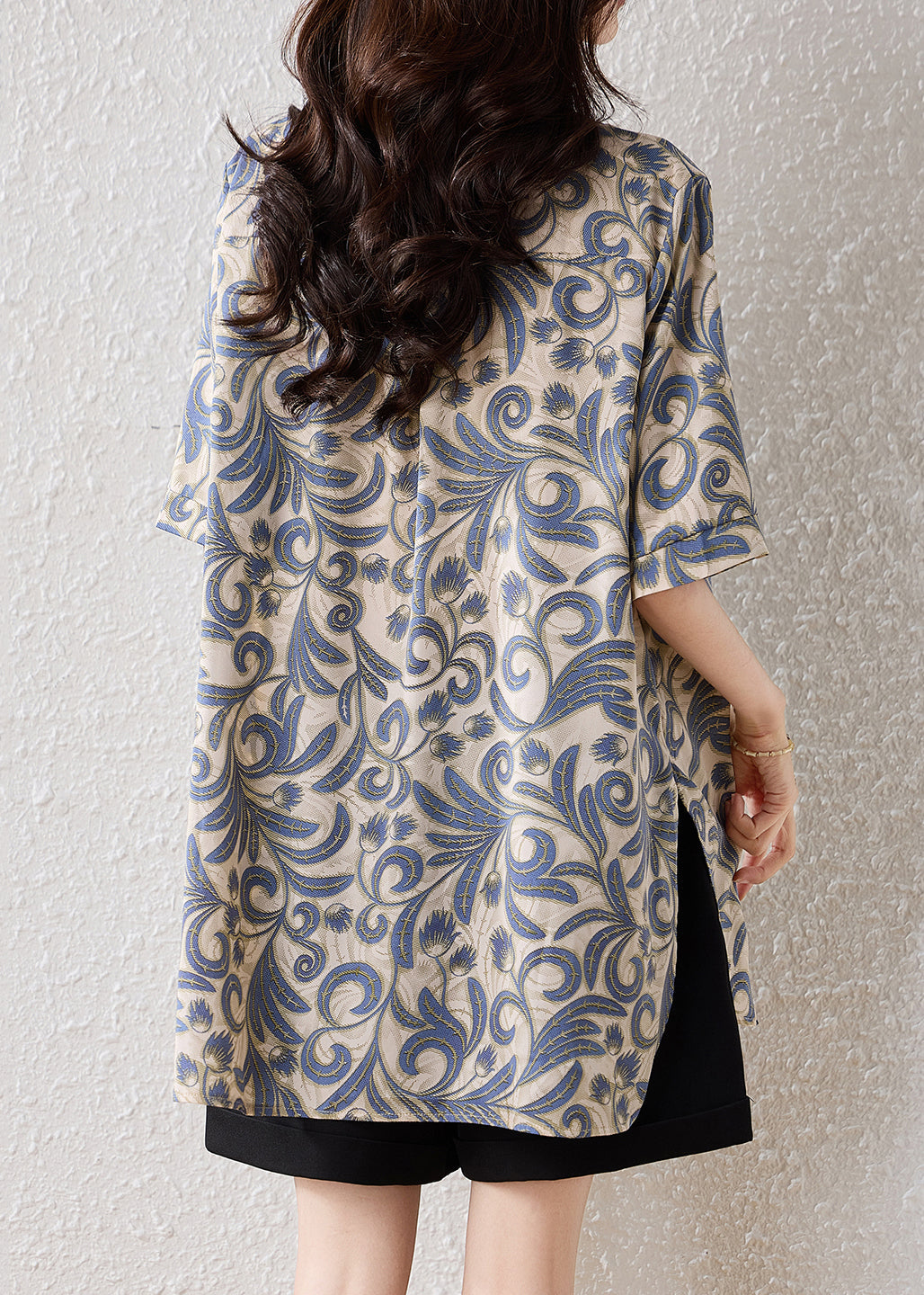 Casual Khaki Oversized Print Cotton Blouses Summer