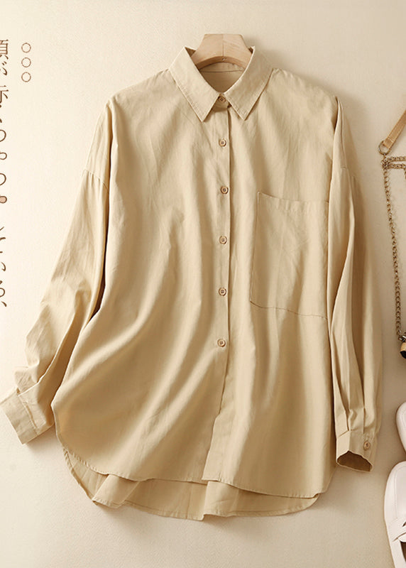 Casual Khaki Oversized With Pocket Cotton Shirts Spring