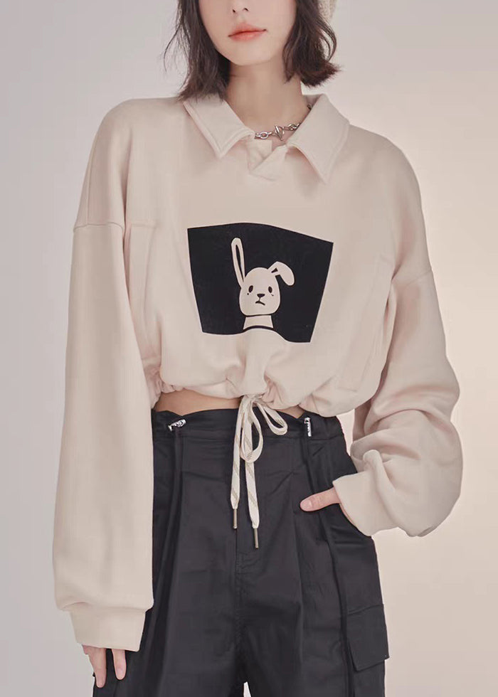 Casual Khaki Peter Pan Collar Print Drawstring Sweatshirts Fall