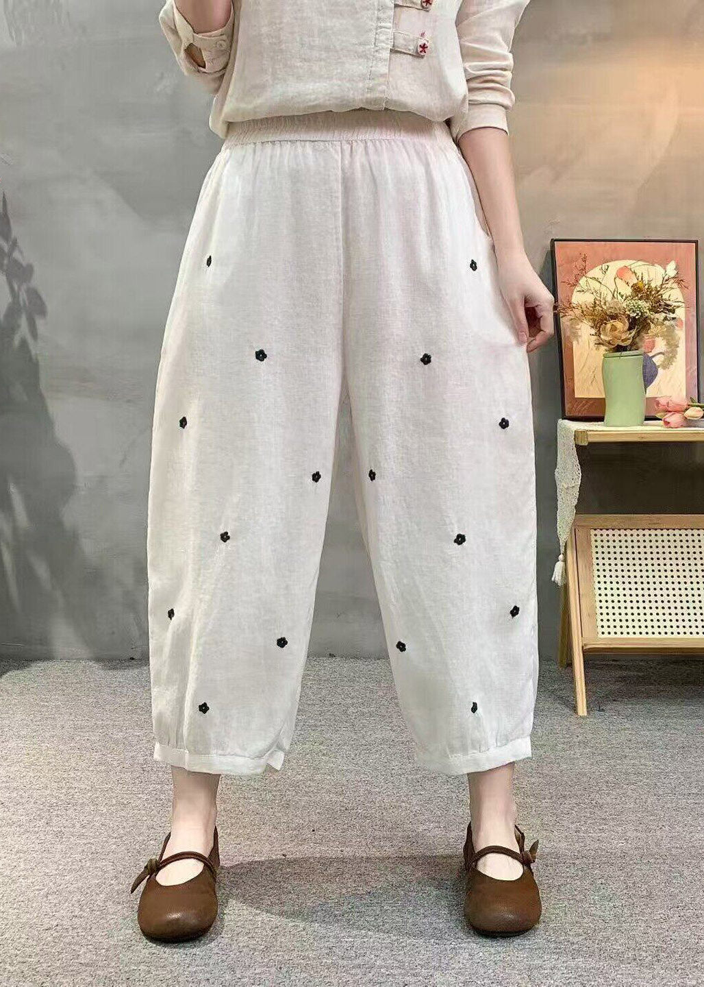Casual Khaki Pockets Elastic Waist Dot Print Linen Crop Pants Summer