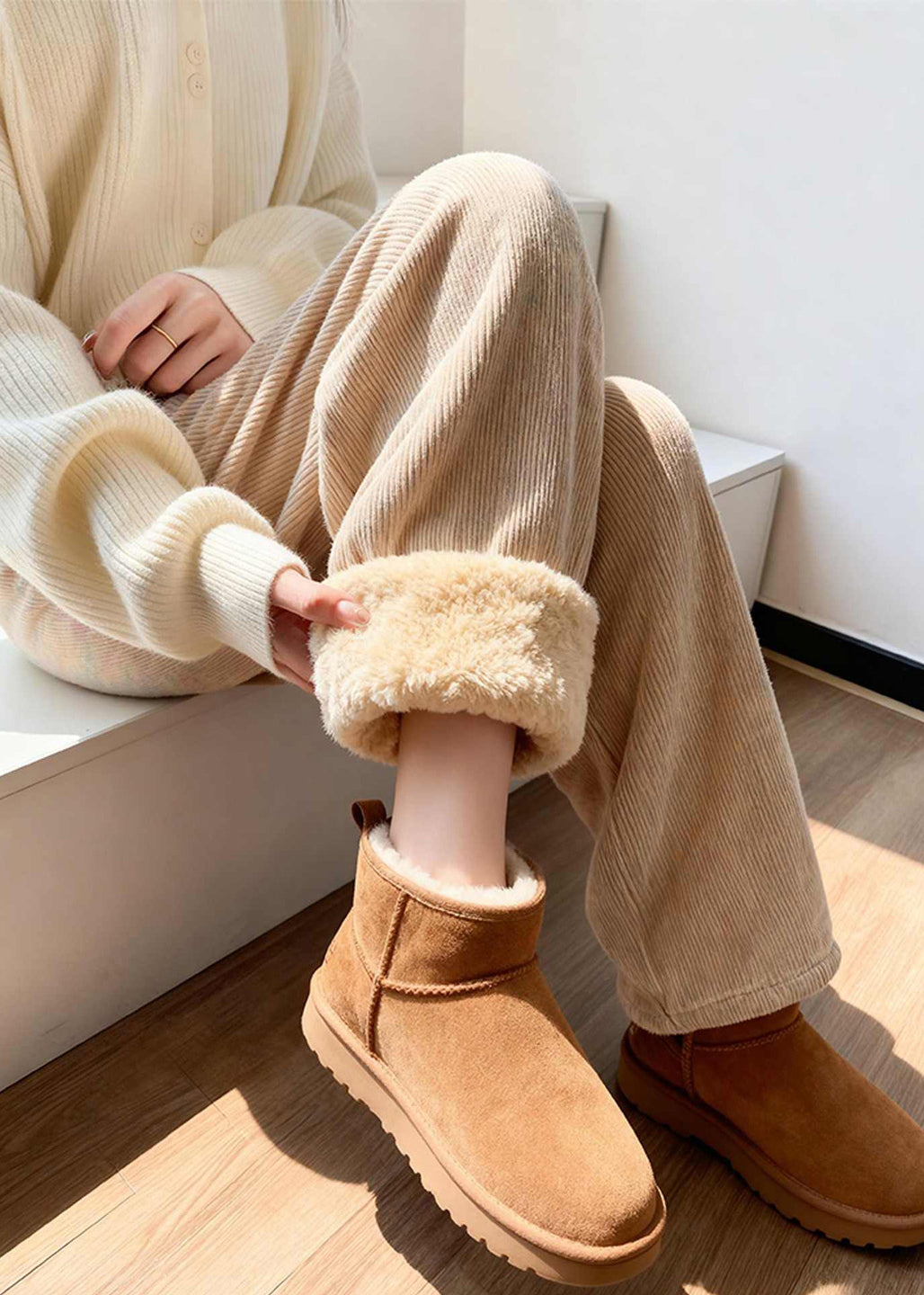 Casual Khaki Pockets Patchwork Corduroy Fleece Pants Winter