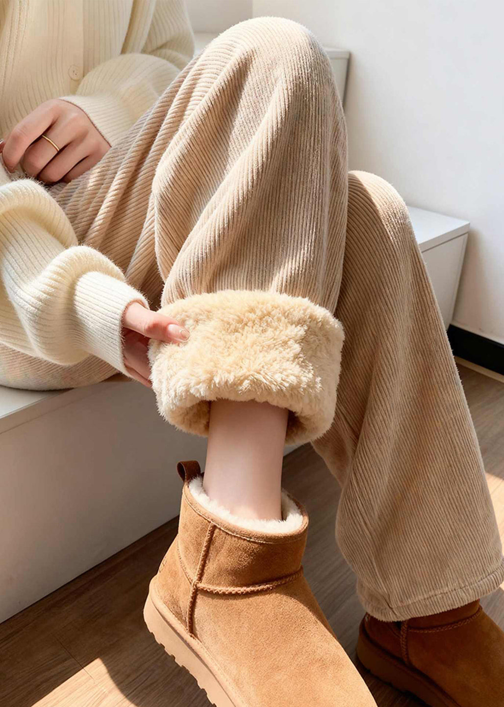 Casual Khaki Pockets Patchwork Corduroy Fleece Pants Winter