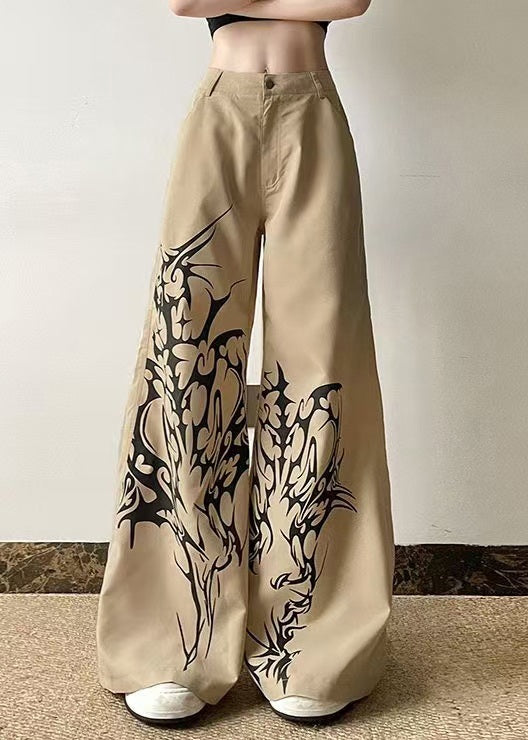 Casual Khaki Print High Waist Cotton Wide Leg Pants Summer
