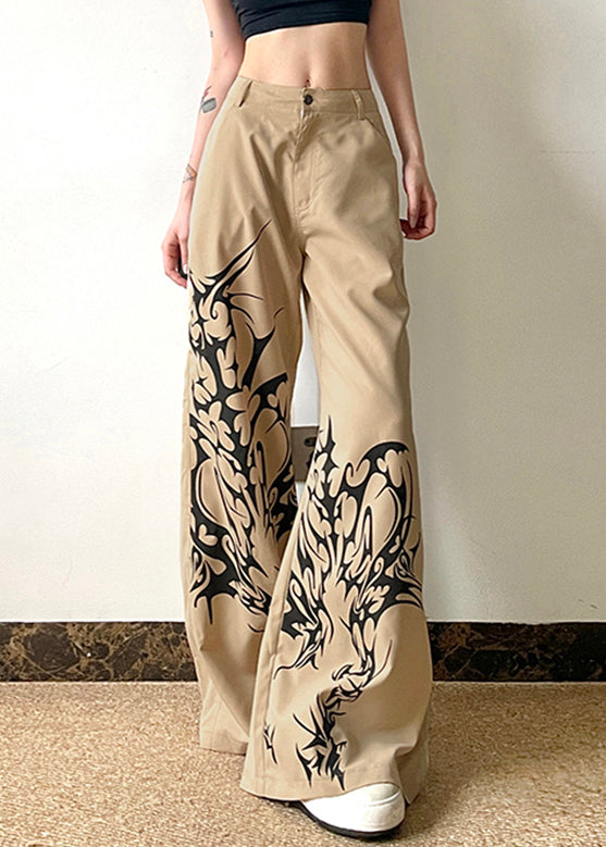 Casual Khaki Print High Waist Cotton Wide Leg Pants Summer