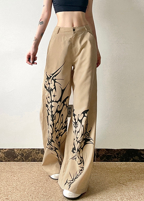 Casual Khaki Print High Waist Cotton Wide Leg Pants Summer