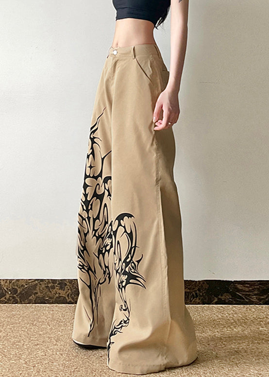Casual Khaki Print High Waist Cotton Wide Leg Pants Summer