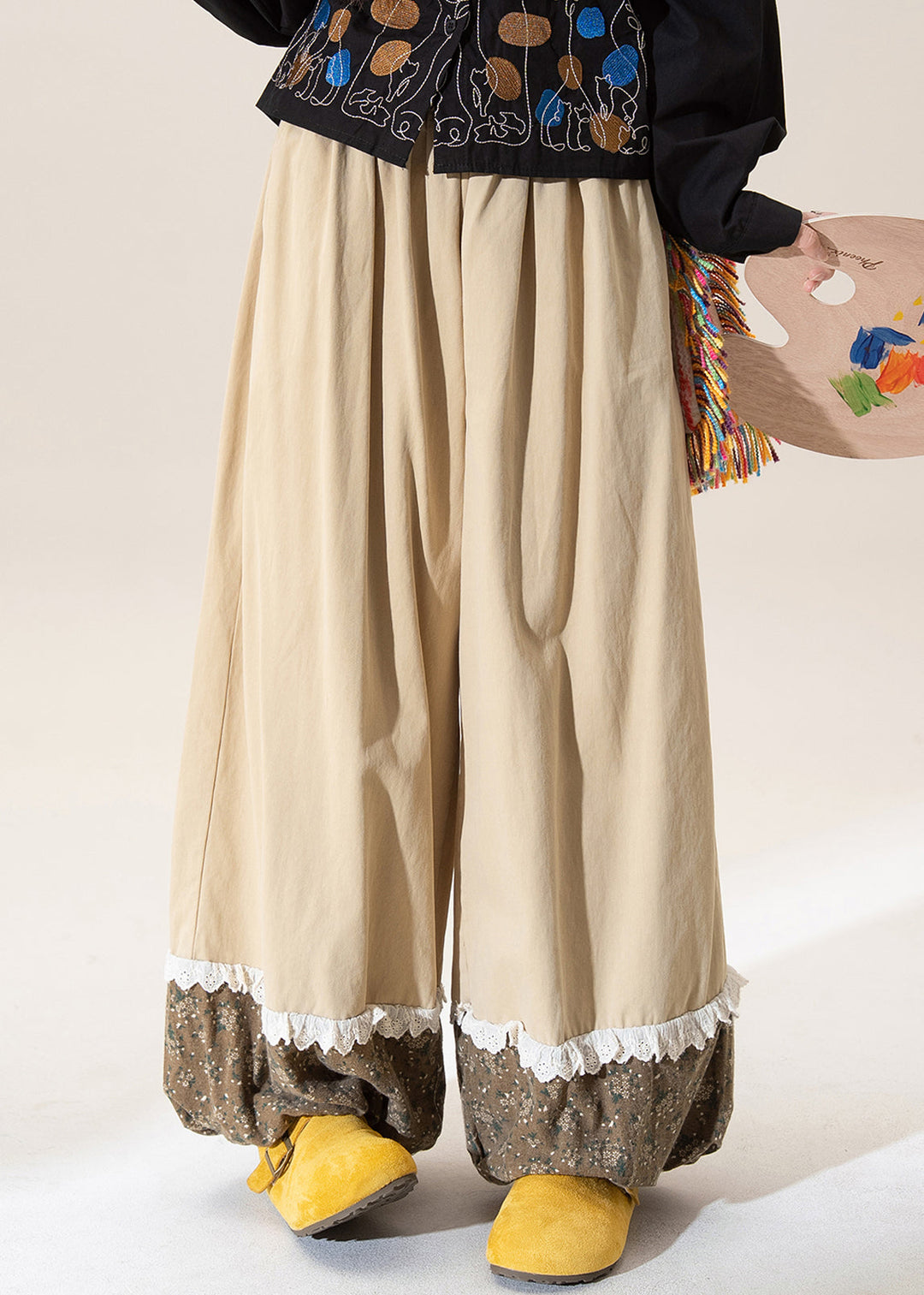 Casual Khaki Print Patchwork Elastic Waist Cotton Pants Fall