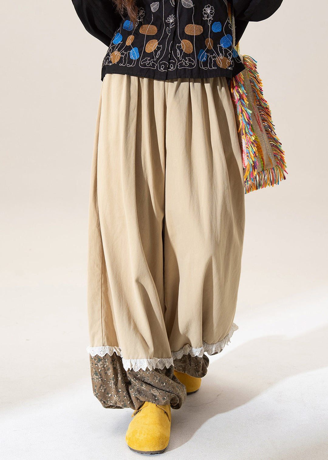 Casual Khaki Print Patchwork Elastic Waist Cotton Pants Fall