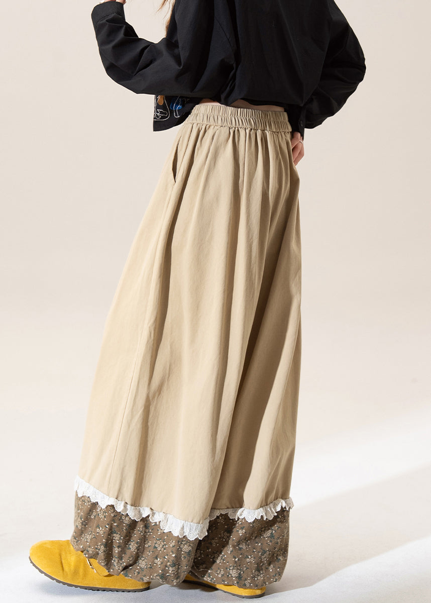 Casual Khaki Print Patchwork Elastic Waist Cotton Pants Fall