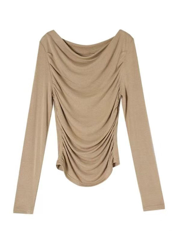 Casual Khaki Slash Neck Wrinkled Cotton Shirt Tops Fall