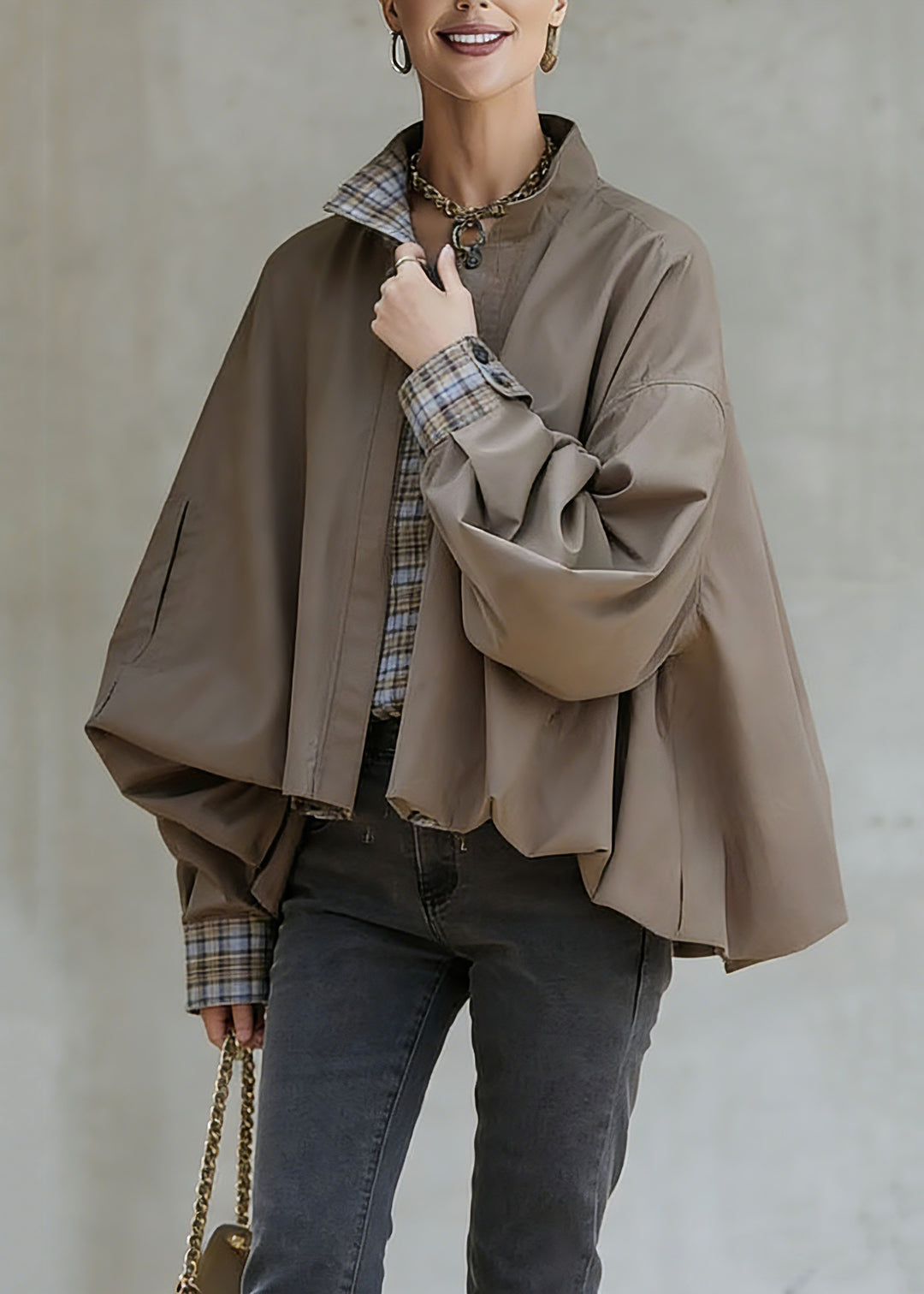 Casual Khaki Stand Collar Pockets Patchwork Low High Design Coat Spring