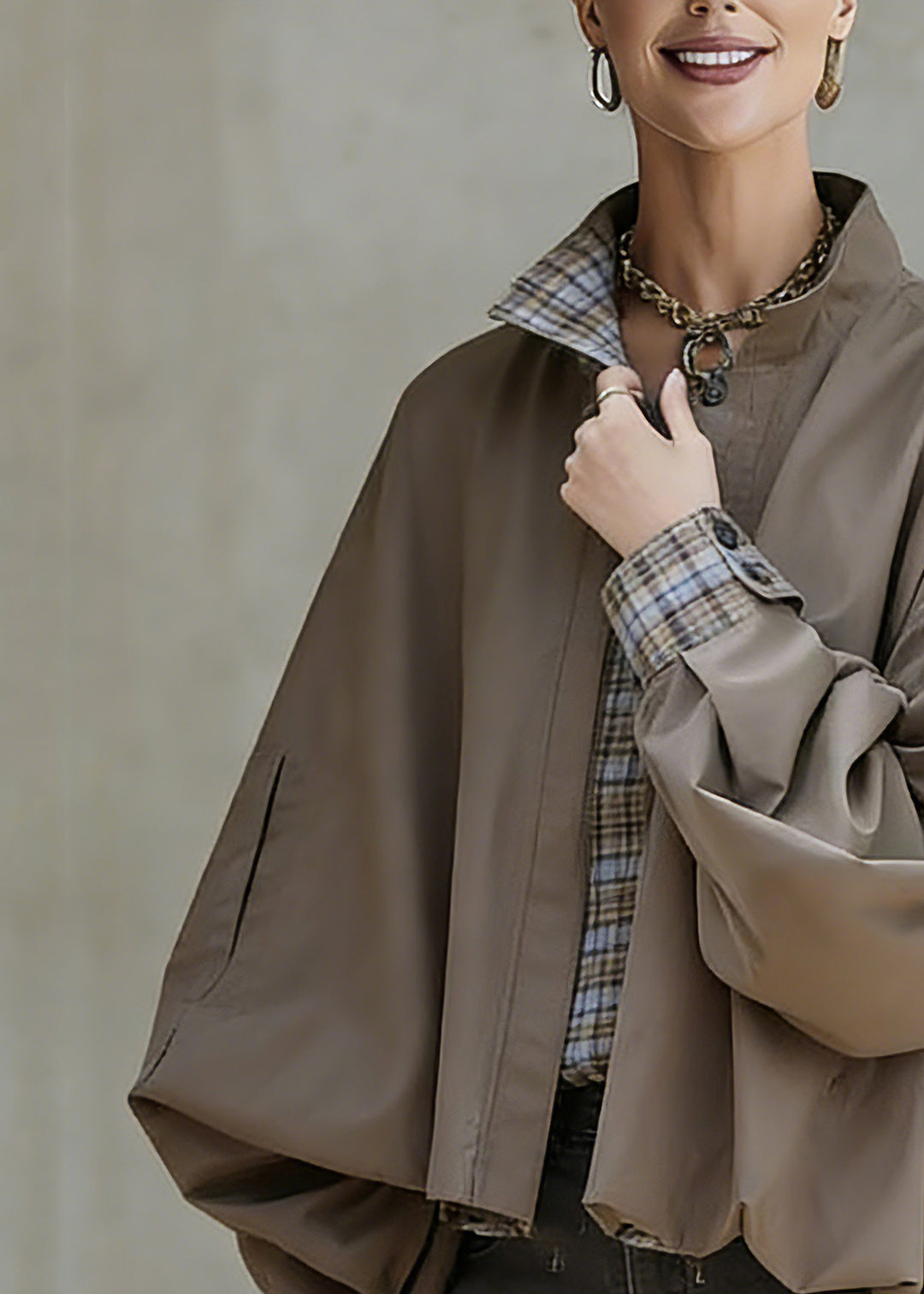 Casual Khaki Stand Collar Pockets Patchwork Low High Design Coat Spring