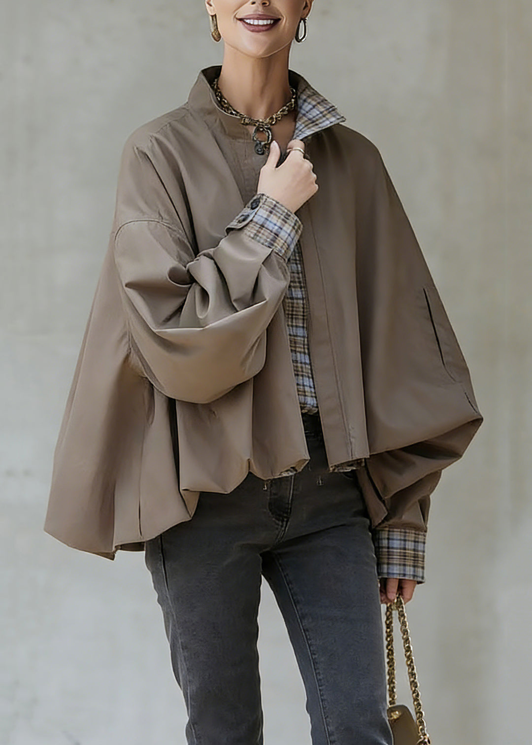 Casual Khaki Stand Collar Pockets Patchwork Low High Design Coat Spring