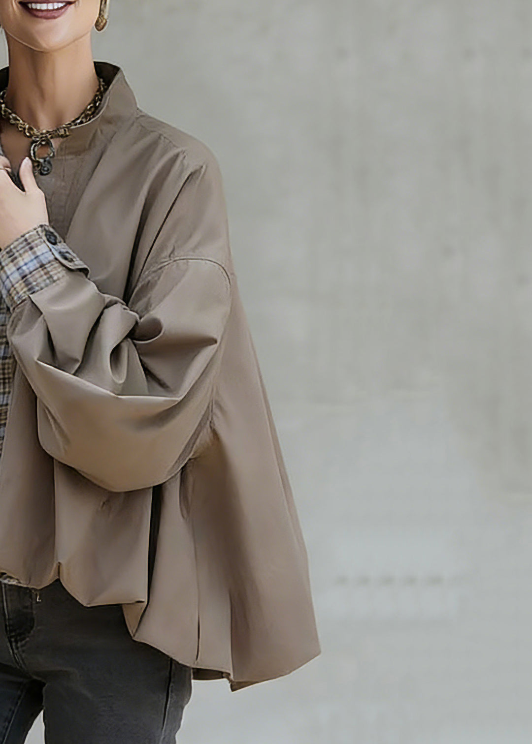 Casual Khaki Stand Collar Pockets Patchwork Low High Design Coat Spring