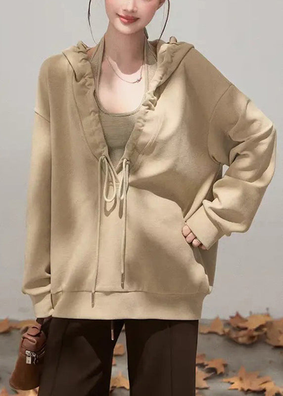 Casual Khaki Tie Lace Drawstring Solid Hooded Sweatshirts Fall