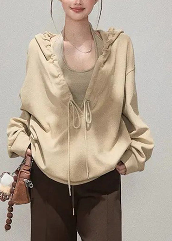 Casual Khaki Tie Lace Drawstring Solid Hooded Sweatshirts Fall