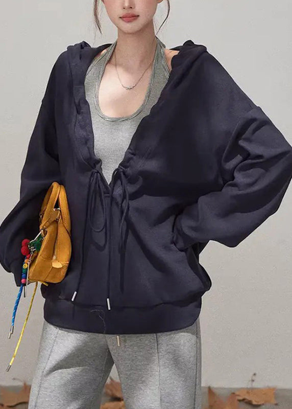 Casual Khaki Tie Lace Drawstring Solid Hooded Sweatshirts Fall