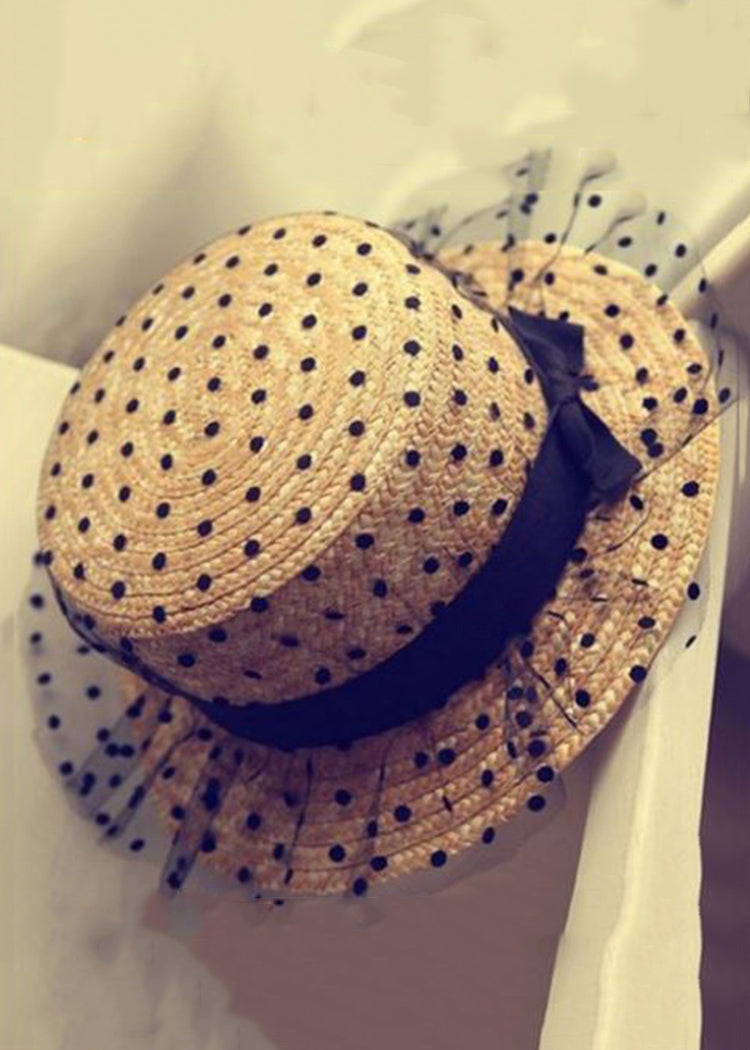 Casual Khaki Tulle Patchwork Dot Straw Woven Floppy Sun Hat