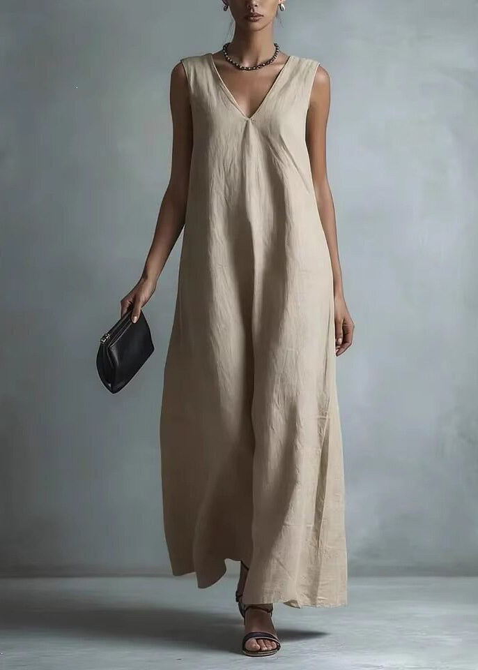 Casual Khaki V Neck Exra Large Hem Maxi Dresses Sleeveless